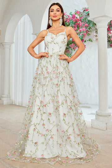 Une ligne fleur ivoire spaghetti bretelles broderie robe de mariée longue